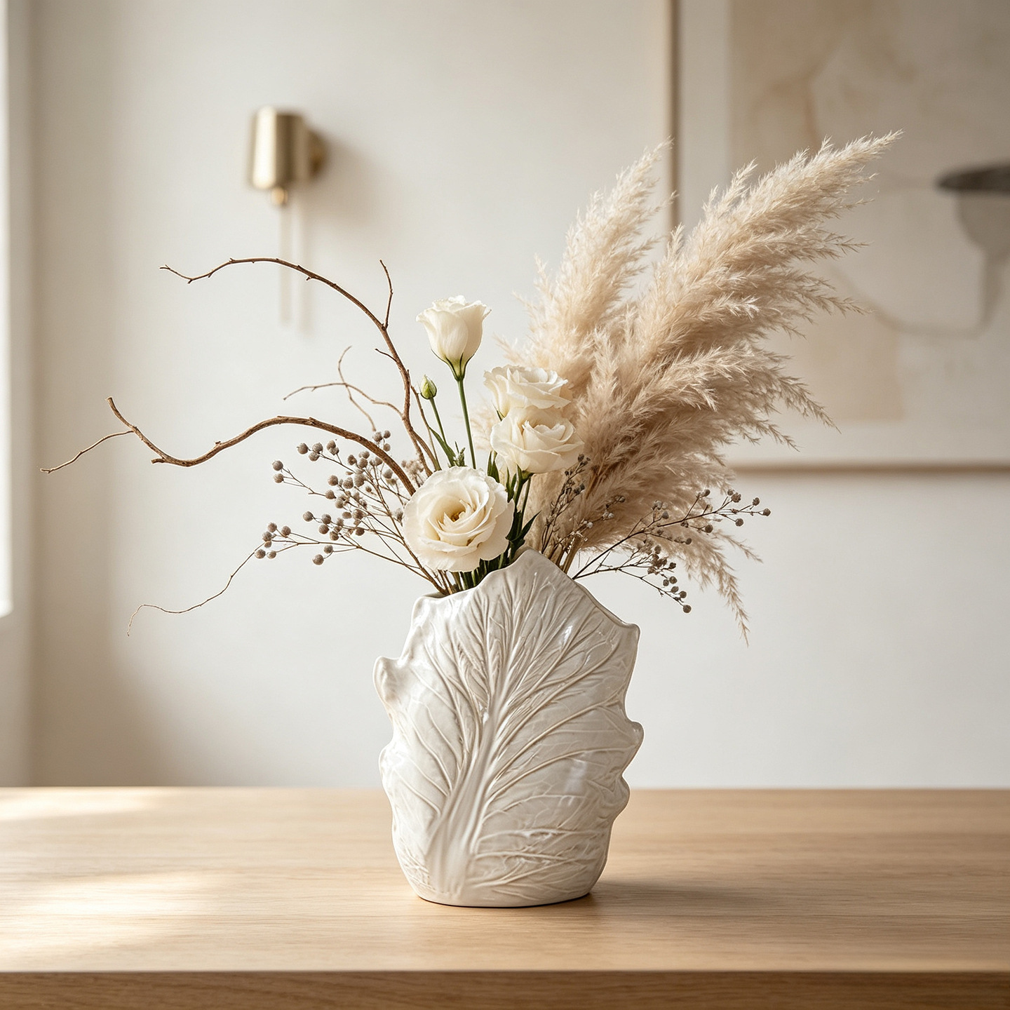 Pampas Grass Decor - 잎 모양 세라믹 꽃병, 팜파스 그래스