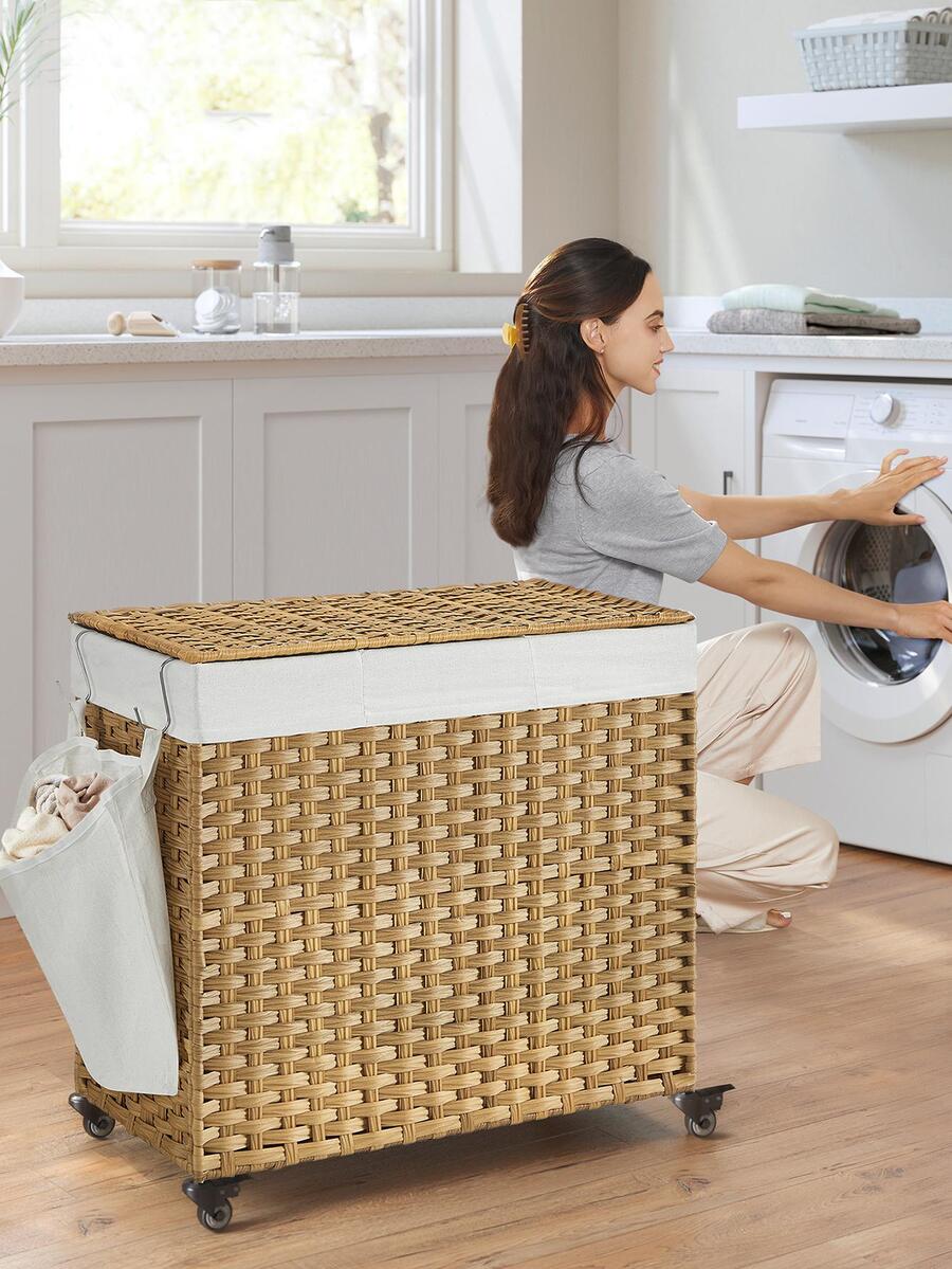 Rattan Plant Basket - 뚜껑이 있는 세탁물 바구니, 42.3갤런(160L), 바퀴가